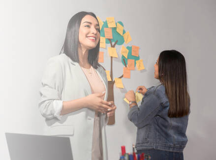 A person confidently giving a presentation. A person in the background is putting sticky notes on a wall.